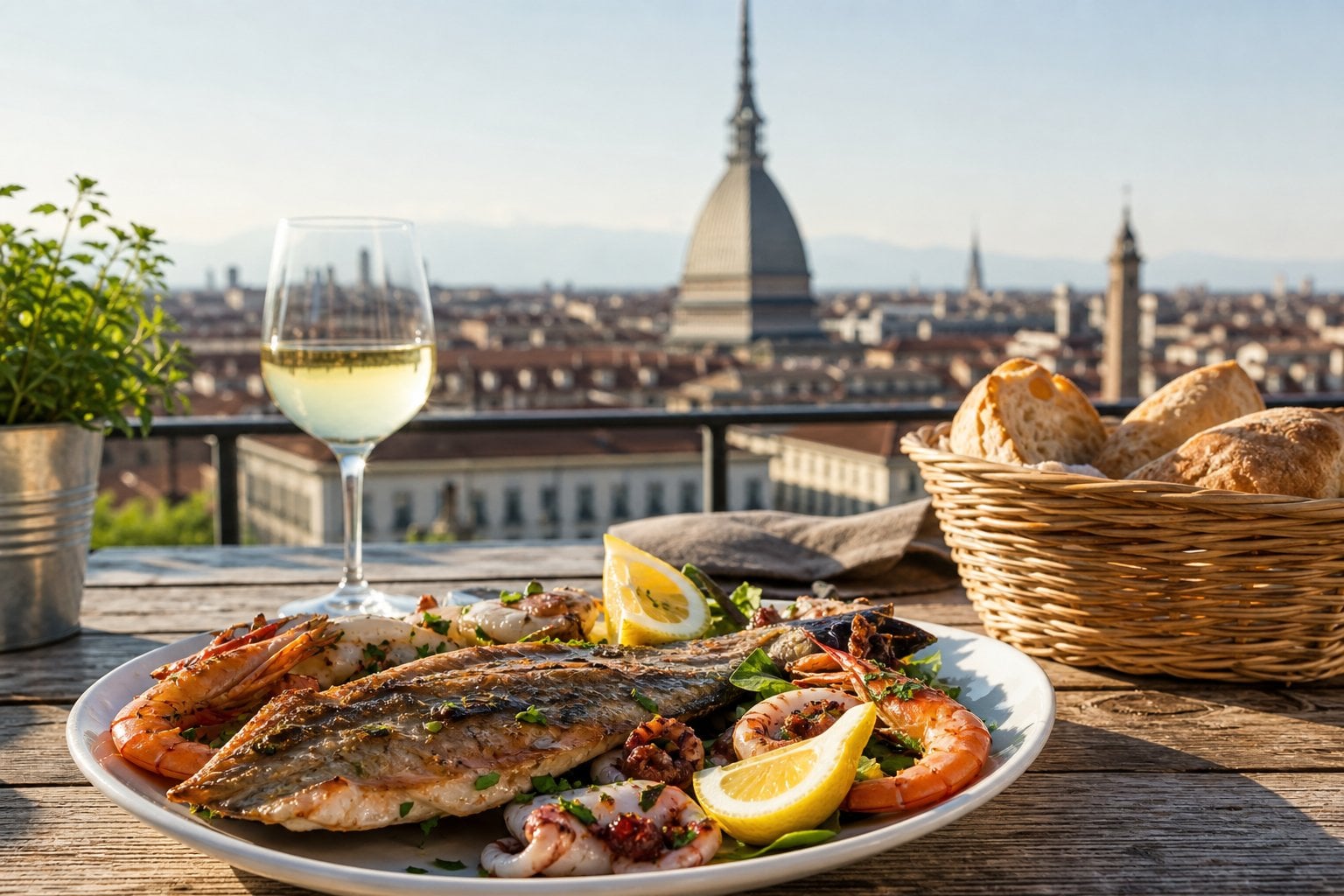 Un piatto di pesce fresco con limone e erbe su un tavolo di legno all'aperto, con la Mole Antonelliana sullo sfondo a Torino.