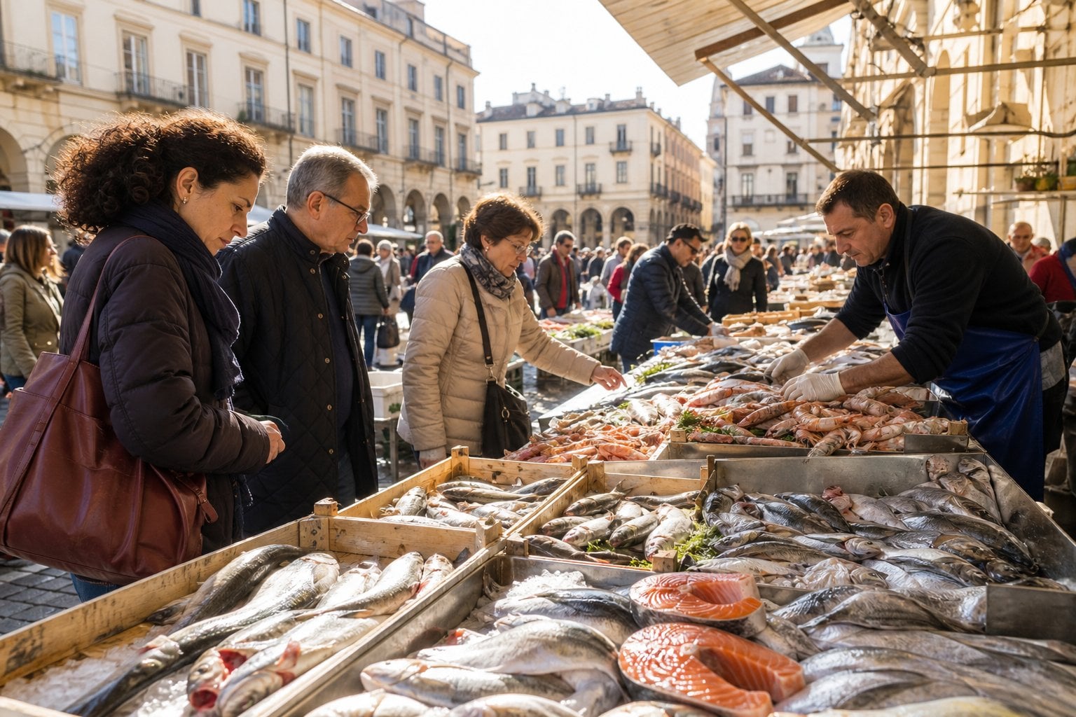 Mercato all'aperto a Torino con persone che scelgono pesce fresco esposto su ghiaccio in cassette di legno, con edifici storici sullo sfondo.
