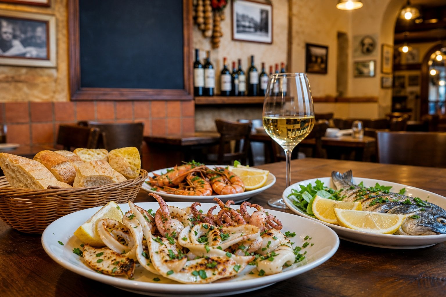 Tavolo rustico con piatti di pesce fresco, vino bianco e pane in un ristorante accogliente a Torino.