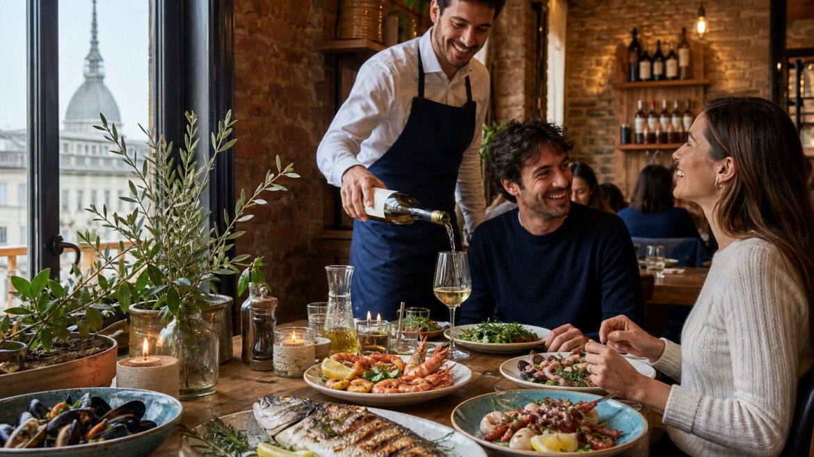 Interno di un'osteria italiana a Torino con tavolo apparecchiato e piatti di pesce fresco, persone che gustano il pasto in un ambiente accogliente.