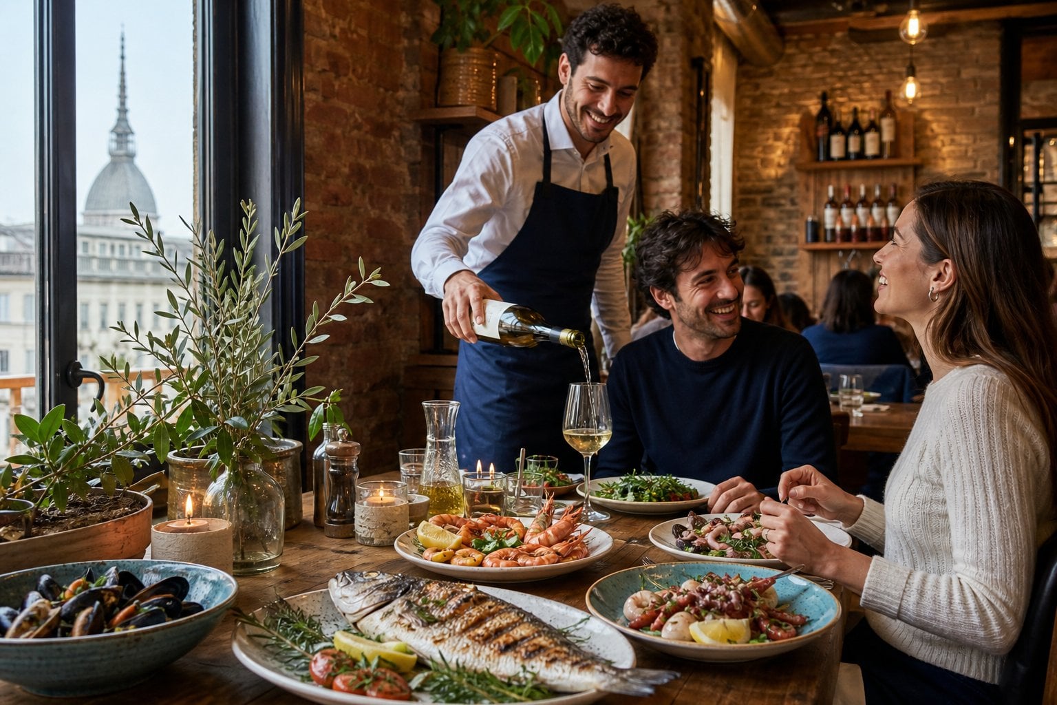 Interno di un'osteria italiana a Torino con tavolo apparecchiato e piatti di pesce fresco, persone che gustano il pasto in un ambiente accogliente.