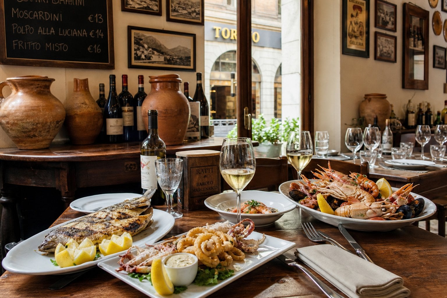 Interno di un'osteria di pesce a Torino con tavoli in legno, piatti di pesce fresco e un'atmosfera accogliente.