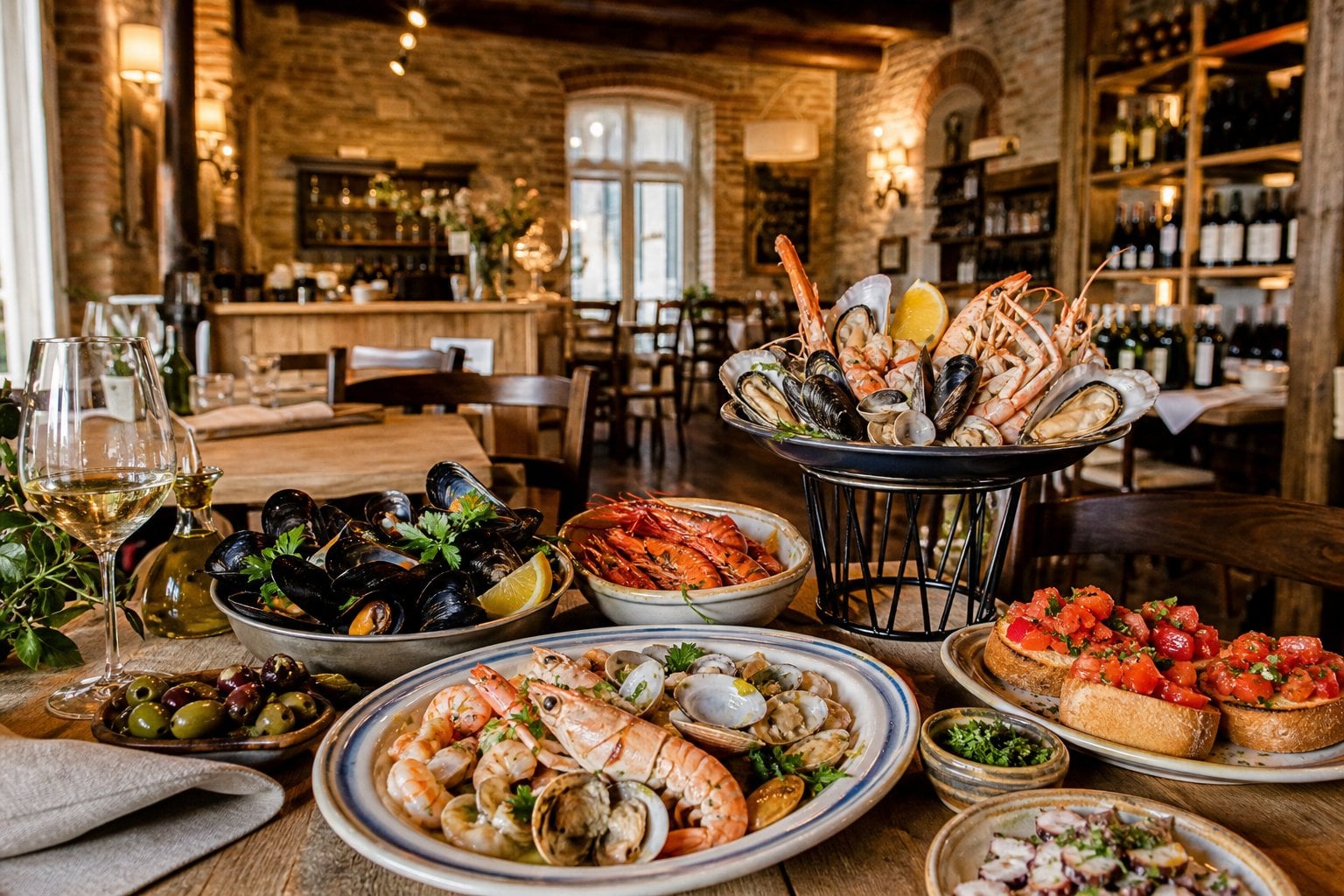 Tavolo rustico con piatti di frutti di mare freschi e contorni tradizionali in un'osteria accogliente a Torino.
