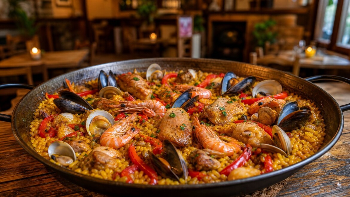 Una paella tradizionale con riso giallo, frutti di mare e pollo servita su un tavolo di legno in un ristorante accogliente a Torino.