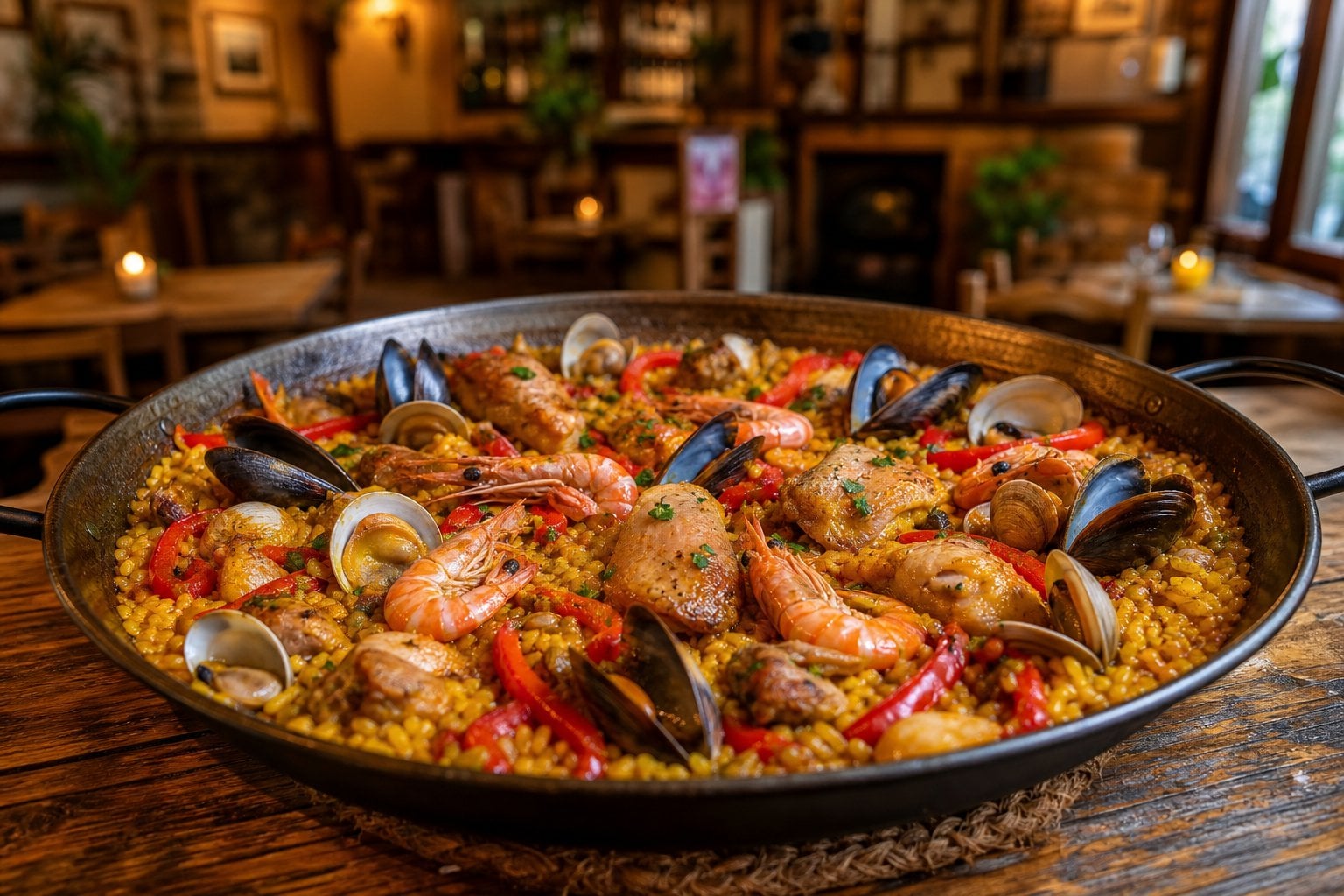 Una paella tradizionale con riso giallo, frutti di mare e pollo servita su un tavolo di legno in un ristorante accogliente a Torino.