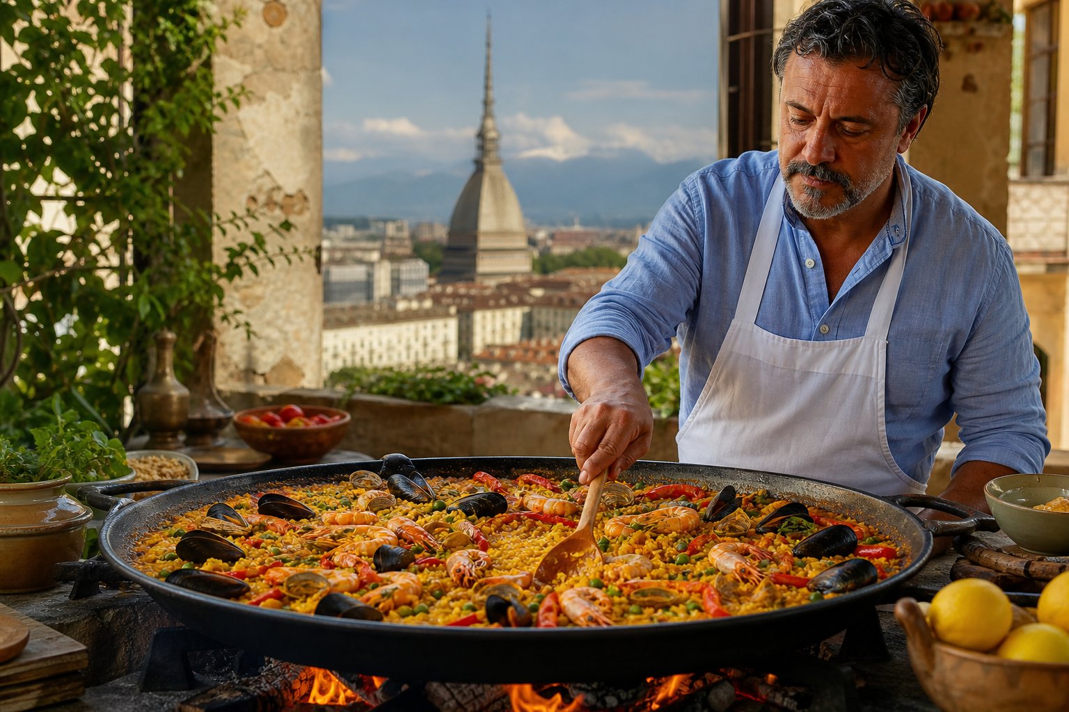 Una persona cucina una paella tradizionale con frutti di mare e verdure in una grande padella all'aperto, con edifici storici di Torino sullo sfondo.