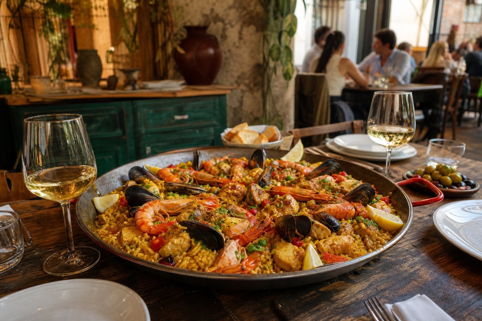 Un piatto di paella colorata con frutti di mare e verdure su un tavolo in un ristorante elegante a Torino.