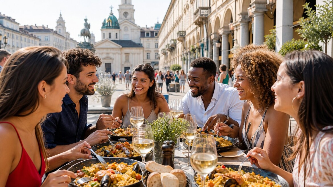 Persone che mangiano paella all'aperto su una terrazza a Torino con edifici storici sullo sfondo.