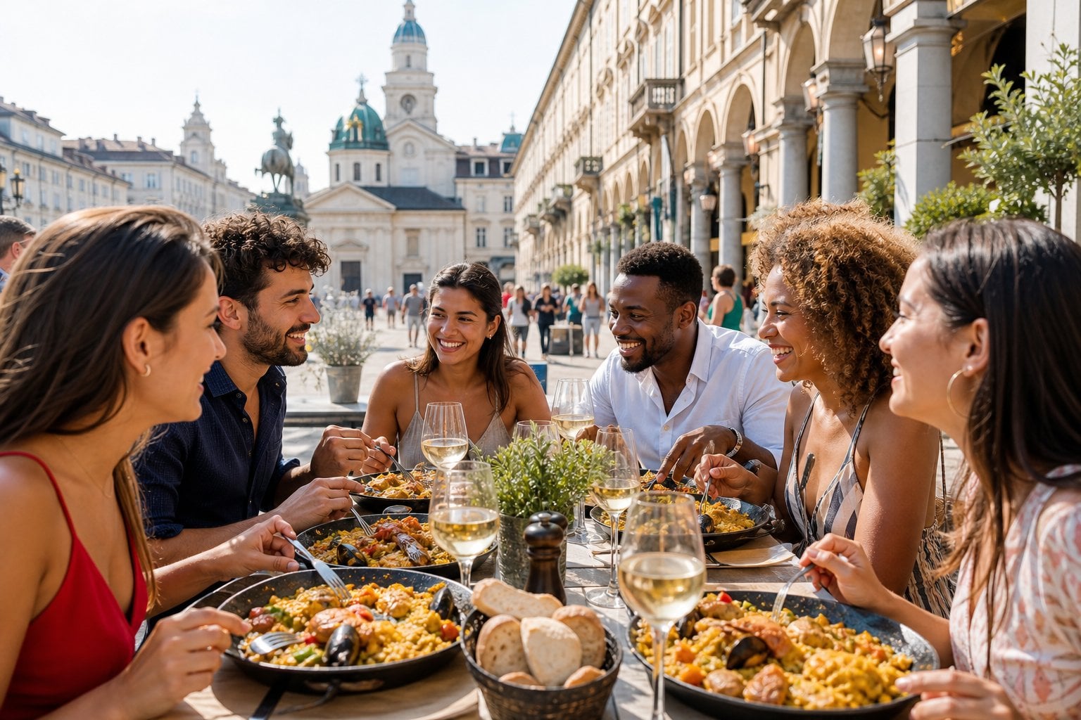 Persone che mangiano paella all'aperto su una terrazza a Torino con edifici storici sullo sfondo.