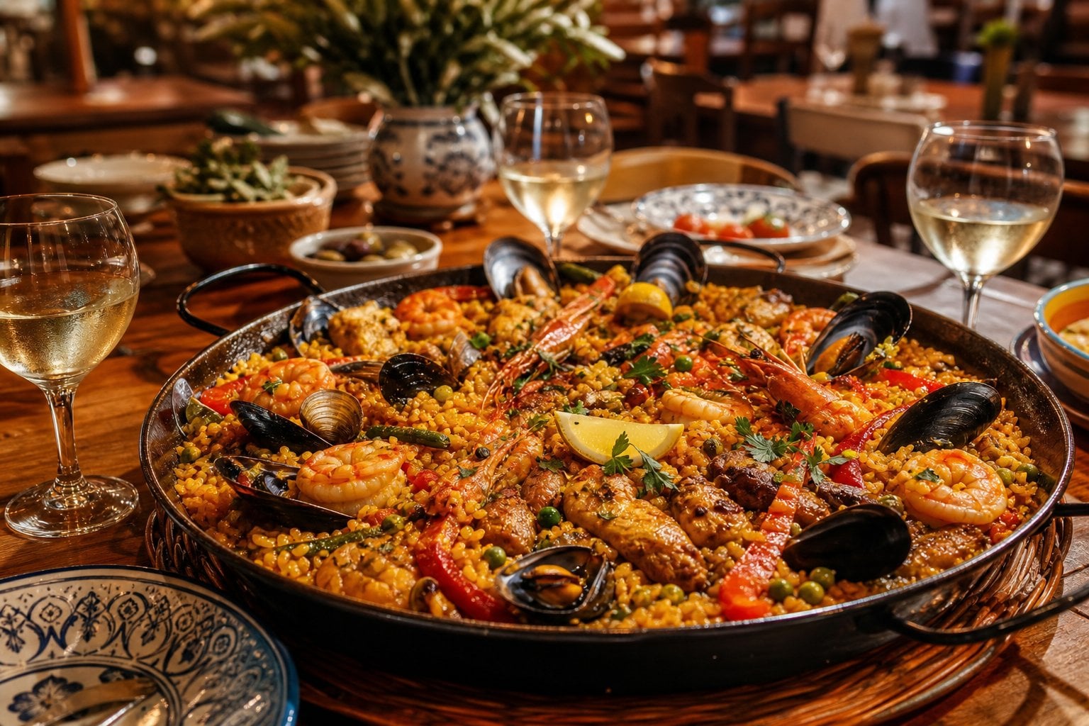 Una paella tradizionale spagnola servita in una padella grande in un ristorante accogliente a Torino, con tavolo in legno e bicchieri di vino bianco.