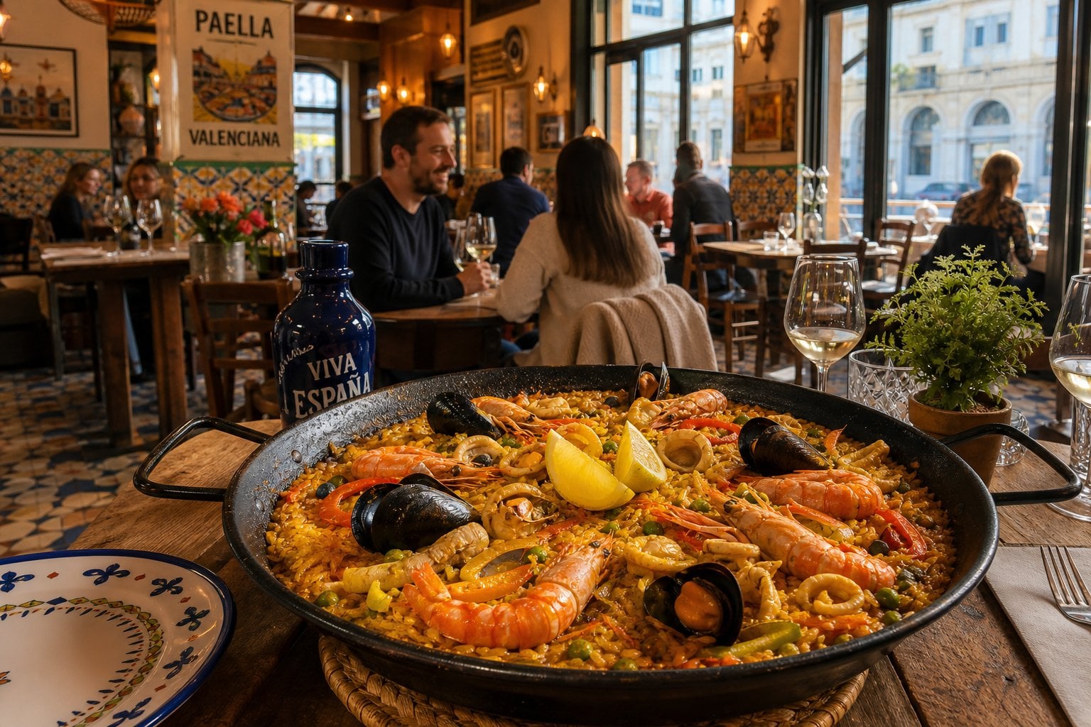 Un piatto di paella tradizionale su un tavolo in un ristorante affollato nel centro di Torino con persone che mangiano e un ambiente accogliente.